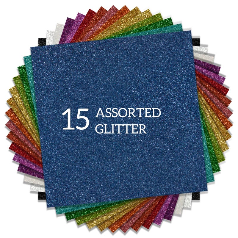 FANSGUAR HTV Glitter Heat Transfer Vinyl 12"x12" Bundle 15 Sheets Iron on for DIY Design Shirts Gifts (Assorted 15 Colors) - Image 1